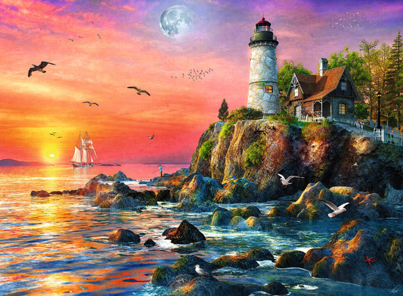 A vibrant jigsaw puzzle featuring a picturesque lighthouse at sunset. The scene showcases an orange and purple sky with a full moon, a sailing ship on the water, and seagulls flying above. The rocky shoreline adds to the coastal charm, while the lighthouse stands tall beside a quaint cottage surrounded by trees.