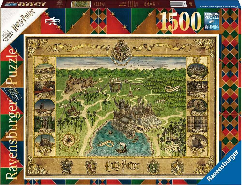 A vibrant 1500-piece jigsaw puzzle featuring a whimsical map of Hogwarts and its surroundings. Illustrated with detailed landscapes, iconic buildings, and magical elements, this puzzle showcases the enchanting world of Harry Potter, inviting fans to immerse themselves in a tactile experience as they piece together the intricate design.