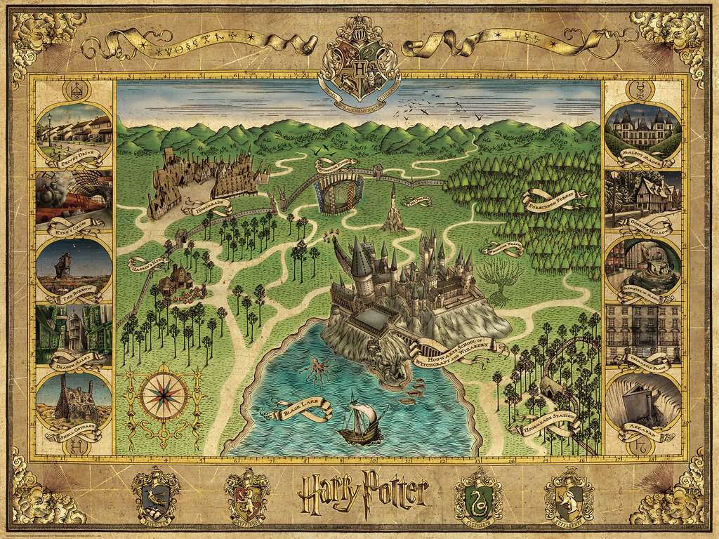 A 1500 piece jigsaw puzzle featuring a detailed, colorful map of the Hogwarts castle and surrounding areas from the Harry Potter series. The map includes iconic landmarks such as Hagrid's hut, the Forbidden Forest, and various locations connected by winding paths, surrounded by a decorative border and elegant illustrations.