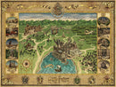 A 1500 piece jigsaw puzzle featuring a detailed, colorful map of the Hogwarts castle and surrounding areas from the Harry Potter series. The map includes iconic landmarks such as Hagrid's hut, the Forbidden Forest, and various locations connected by winding paths, surrounded by a decorative border and elegant illustrations.