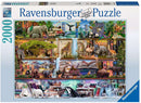 Wild Kingdom Shelves 2000 pc Jigsaw Puzzle by Ravensburger featuring a vibrant collage of animal illustrations among colorful books, depicting various wildlife scenes set against a backdrop of nature and literature.