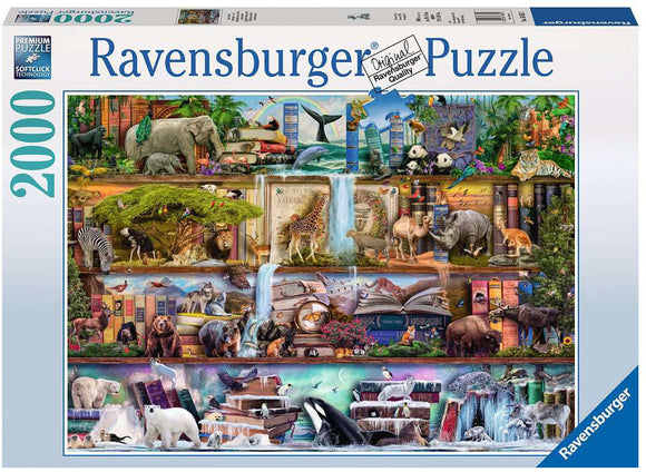 Wild Kingdom Shelves 2000 pc Jigsaw Puzzle by Ravensburger featuring a vibrant collage of animal illustrations among colorful books, depicting various wildlife scenes set against a backdrop of nature and literature.