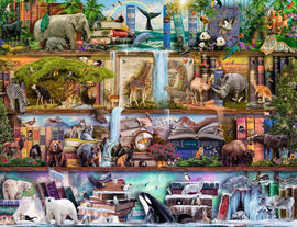 A vibrant 2000-piece jigsaw puzzle titled 'Wild Kingdom' by Ravensburger. The image features a colorful arrangement of animals such as elephants, tigers, penguins, and more set against a backdrop of books and waterfalls. Various habitats are depicted, showcasing wildlife from different regions, all interwoven harmoniously to create an engaging scene.
