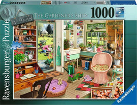 A vibrant jigsaw puzzle box featuring 'The Garden Shed' scene. It showcases a cozy and colorful garden shed filled with gardening tools, plants, and a view of a gardener working outside. The interior includes a comfortable wicker chair, lush greenery, and decorative items, perfect for puzzle enthusiasts.