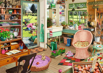 A vibrant jigsaw puzzle featuring a cozy garden shed scene. The image includes shelves filled with gardening tools, books, and colorful flower pots. A person is seen gardening outside, tending to flowers in a lush green garden. Inside the shed, a comfortable wicker chair and a desk with stationery add to the inviting atmosphere, while a playful dog sits in a purple pet bed.