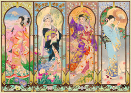 Ravensburger's The Four Seasons 1000 pc Jigsaw Puzzle features four elegantly dressed women representing the seasons, surrounded by floral motifs and scenic backgrounds, perfect for puzzle enthusiasts and art lovers alike.