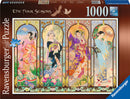 The Four Seasons puzzle by Ravensburger features four beautifully illustrated women in traditional attire representing each season. The artwork is detailed and vibrant, showcasing spring flowers, summer fans, autumn leaves, and winter scenery. This jigsaw puzzle includes 1000 pieces and is designed with Ravensburger's premium quality and Softclick technology for easy assembly.