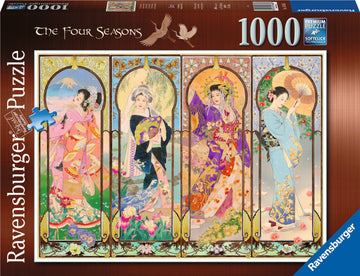 The Four Seasons puzzle by Ravensburger features four beautifully illustrated women in traditional attire representing each season. The artwork is detailed and vibrant, showcasing spring flowers, summer fans, autumn leaves, and winter scenery. This jigsaw puzzle includes 1000 pieces and is designed with Ravensburger's premium quality and Softclick technology for easy assembly.