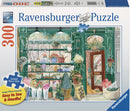 A vibrant 300-piece jigsaw puzzle by Ravensburger featuring a beautifully illustrated flower shop. The design includes shelves brimming with colorful flowers, potted plants, and decorative items, set against a charming shop entrance with a wooden door. The large format makes the pieces easy to see and handle, ideal for puzzle enthusiasts.