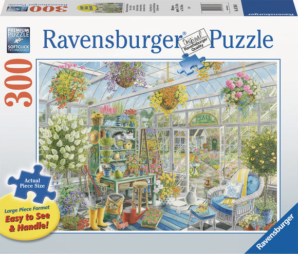 Greenhouse Heaven 300-piece jigsaw puzzle by Ravensburger featuring a vibrant and cozy greenhouse scene filled with flowers, gardening tools, and a cat resting on a chair. The vivid colors and details create a charming visual for puzzle enthusiasts.
