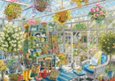 A beautifully detailed jigsaw puzzle titled 'Greenhouse Heaven', featuring a vibrant greenhouse scene filled with colorful flowers, hanging plants, and cozy seating. The image showcases a variety of gardening tools, pots, and a couple of cats lounging among greenery, inviting a sense of peace and tranquility.
