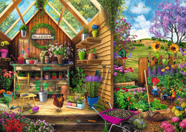 A vibrant jigsaw puzzle scene titled 'Gardener's Getaway' featuring a colorful garden shed filled with potted plants, blooming flowers, a wooden chair, gardening tools, and a chicken. Outside, lush greenery and colorful blossoms create a serene garden atmosphere, showcasing different gardening elements like a wheelbarrow and a birdhouse under a bright blue sky with fluffy clouds.