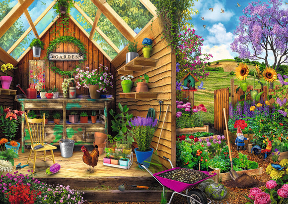 A vibrant jigsaw puzzle scene titled 'Gardener's Getaway' featuring a colorful garden shed filled with potted plants, blooming flowers, a wooden chair, gardening tools, and a chicken. Outside, lush greenery and colorful blossoms create a serene garden atmosphere, showcasing different gardening elements like a wheelbarrow and a birdhouse under a bright blue sky with fluffy clouds.