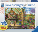 A vibrant 300-piece jigsaw puzzle featuring a charming gardener's get-away scene. The image depicts a wooden garden shed filled with colorful flower pots, tools, and a bustling garden in the background, showcasing sunflowers, a chicken, and green hills. The puzzle highlights Ravensburger's premium quality and large piece format for easy handling.