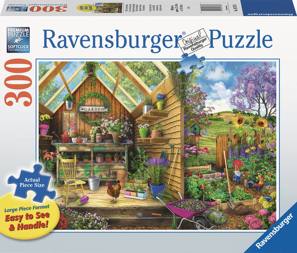 A vibrant 300-piece jigsaw puzzle featuring a charming gardener's get-away scene. The image depicts a wooden garden shed filled with colorful flower pots, tools, and a bustling garden in the background, showcasing sunflowers, a chicken, and green hills. The puzzle highlights Ravensburger's premium quality and large piece format for easy handling.