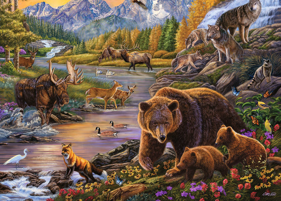 A 500-piece jigsaw puzzle titled 'Wilderness' by Ravensburger, featuring a stunning landscape with various animals such as moose, deer, bears, and wolves amidst a vibrant forest and stream, showcasing intricate details and colors that capture the essence of nature.