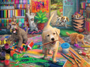 A colorful jigsaw puzzle featuring a playful scene in a craft room filled with pets. A golden retriever puppy holds a paintbrush in its mouth while surrounded by scattered art supplies, including paint pots, brushes, and colorful paper. A brown dog, a kitten, and a playful cat are also seen engaging with the craft materials. The background showcases a vibrant garden view through an open door, enhancing the joyful atmosphere.