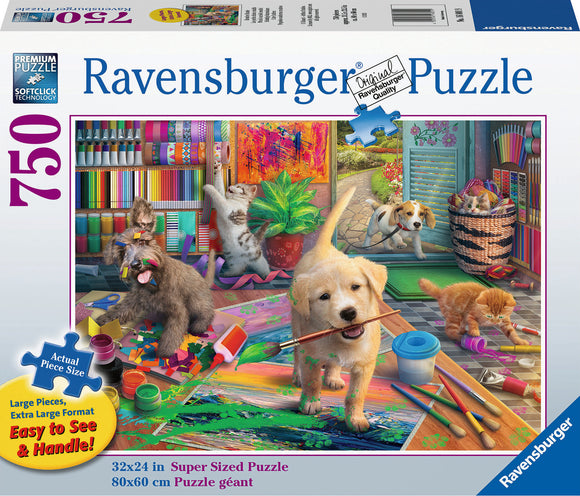 Cute Crafters 750-piece jigsaw puzzle featuring playful puppies and kittens in a colorful crafting environment. The image showcases a variety of art supplies scattered around, with a lighthearted and vibrant design that appeals to animal lovers and puzzle enthusiasts alike.