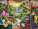 A vibrant jigsaw puzzle featuring a tropical retreat scene with lush greenery, colorful flowers, and exotic animals like toucans and sloths. The foreground includes a wooden chair draped with a colorful blanket, a table with fruits, and a pathway leading to a waterfall in the background, creating a serene and inviting atmosphere.