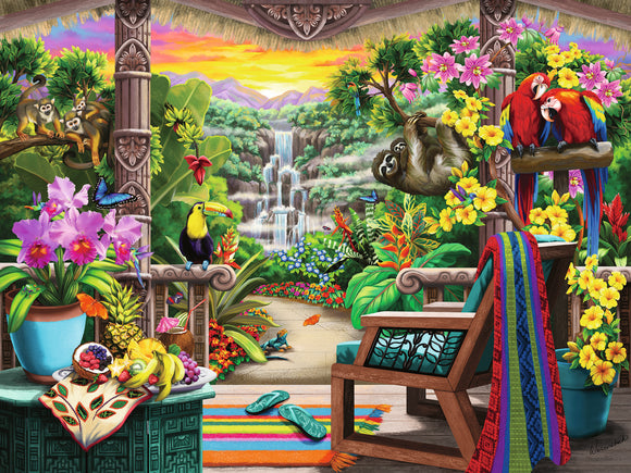 A vibrant jigsaw puzzle featuring a tropical retreat scene with lush greenery, colorful flowers, and exotic animals like toucans and sloths. The foreground includes a wooden chair draped with a colorful blanket, a table with fruits, and a pathway leading to a waterfall in the background, creating a serene and inviting atmosphere.