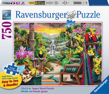 A beautifully illustrated jigsaw puzzle featuring a tropical retreat scene with a waterfall, vibrant flowers, parakeets, monkeys, and a sloth. The puzzle includes large and easy-to-handle pieces, designed for a relaxing assembling experience.