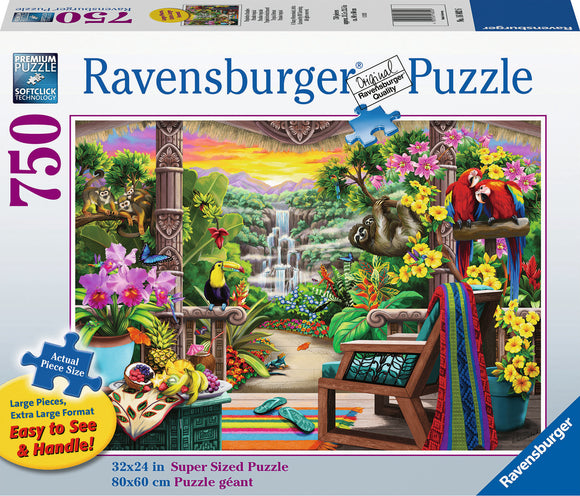 A beautifully illustrated jigsaw puzzle featuring a tropical retreat scene with a waterfall, vibrant flowers, parakeets, monkeys, and a sloth. The puzzle includes large and easy-to-handle pieces, designed for a relaxing assembling experience.