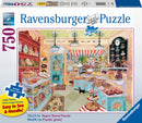 Ravensburger Corner Bakery 750-piece large jigsaw puzzle featuring a colorful illustration of a bakery filled with various baked goods like cakes, pastries, and cookies. The scene includes shelves of treats, a cozy interior with warm lighting, and a bustling atmosphere.