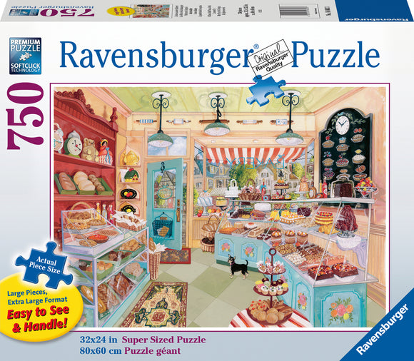 Ravensburger Corner Bakery 750-piece large jigsaw puzzle featuring a colorful illustration of a bakery filled with various baked goods like cakes, pastries, and cookies. The scene includes shelves of treats, a cozy interior with warm lighting, and a bustling atmosphere.