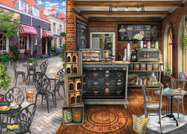 A cozy café jigsaw puzzle featuring a brick interior with a wooden counter displaying various baked goods and coffee options. Outside the window, a charming cobblestone street with small tables is visible, surrounded by greenery and a cat wandering by. The café has colorful signage on the walls and an inviting atmosphere, perfect for puzzle enthusiasts.