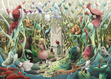 The Secret Garden 1000 pc puzzle by Ravensburger featuring a whimsical illustration of a magical garden filled with colorful birds, playful animals, and children exploring amidst vibrant foliage. The scene invites viewers into a fantastical world where imagination thrives, showcasing intricate details such as a peacock, rabbits, and a mysterious door.