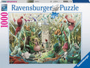 The Secret Garden 1000 pc puzzle box by Ravensburger features a vibrant and whimsical illustration of a fantastical garden filled with colorful birds, playful animals, and a young girl exploring the nature around her. The detailed artwork showcases a lush environment with magical elements, inviting puzzlers into a serene and enchanting world.
