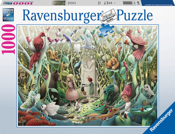 The Secret Garden 1000 pc puzzle box by Ravensburger features a vibrant and whimsical illustration of a fantastical garden filled with colorful birds, playful animals, and a young girl exploring the nature around her. The detailed artwork showcases a lush environment with magical elements, inviting puzzlers into a serene and enchanting world.