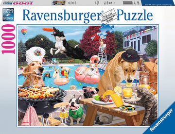 The 'Dog Days of Summer' jigsaw puzzle by Ravensburger features a playful summer scene with dogs and a cat engaging in various activities around a swimming pool. A golden retriever dressed as a chef is grilling food, while other dogs play with floats and frisbees. The vibrant colors and cute characters create a whimsical atmosphere, perfect for puzzle lovers.