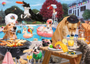 A vibrant 1000-piece jigsaw puzzle featuring playful dogs enjoying a summer pool party. Dogs are seen grilling, relaxing on floaties, and having fun around the pool, with a whimsical chef dog, colorful pool accessories, and cheerful animal antics creating a lively atmosphere.