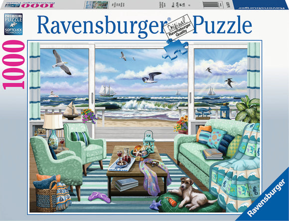 The Beachfront Getaway jigsaw puzzle by Ravensburger features a serene coastal scene. Inside a cozy living room, green chairs and a sofa are positioned near large windows that reveal a beautiful beach view. Boats sail in the distance, while birds fly in the sky. The vibrant interior is decorated with nautical-themed accents, including a coffee table adorned with treats, a plant in the corner, and a cute dog relaxing on the floor.