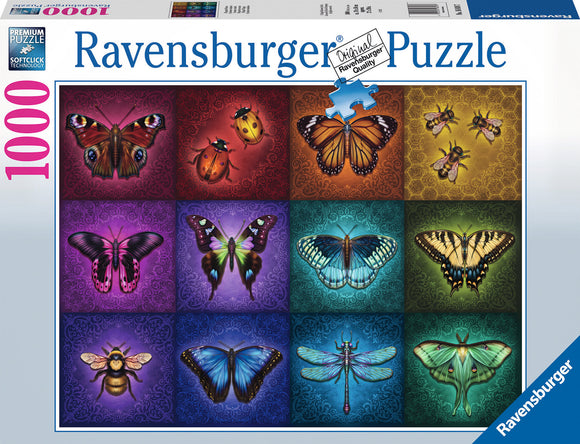 Ravensburger 1000 pc jigsaw puzzle titled 'Winged Things.' The puzzle features a colorful collection of butterflies, insects, and dragonflies arranged in a decorative grid, each against ornate backgrounds in various colors.