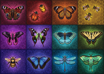 A vibrant 1000-piece jigsaw puzzle featuring an artistic array of winged creatures, including butterflies, ladybugs, and bees. The design is arranged in colorful squares, each showcasing different species against ornate backgrounds.