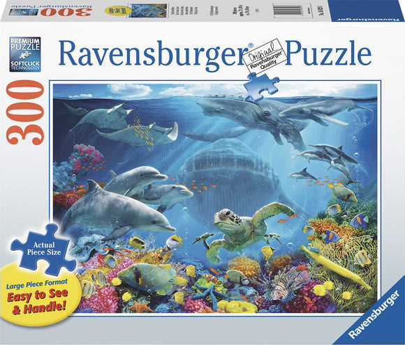 Ravensburger jigsaw puzzle titled 'Life Underwater' featuring a vibrant underwater scene with various sea creatures including dolphins, turtles, and colorful fish against a coral background. This 300-piece large format puzzle is designed for easy assembly, promoting a fun and engaging experience.