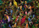 Birds of Art 1000-piece jigsaw puzzle by Ravensburger featuring a vibrant, colorful illustration of various birds amidst swirling patterns and floral elements. The intricate design showcases multiple species in a stunning art style, perfect for bird lovers and puzzle enthusiasts alike.
