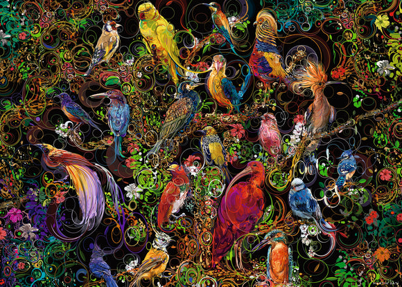 Birds of Art 1000-piece jigsaw puzzle by Ravensburger featuring a vibrant, colorful illustration of various birds amidst swirling patterns and floral elements. The intricate design showcases multiple species in a stunning art style, perfect for bird lovers and puzzle enthusiasts alike.