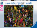 Box of the Birds of Art 1000 pc Jigsaw Puzzle by Ravensburger, featuring a vibrant and intricate design of various colorful birds against a dark background, with swirling patterns and floral elements.