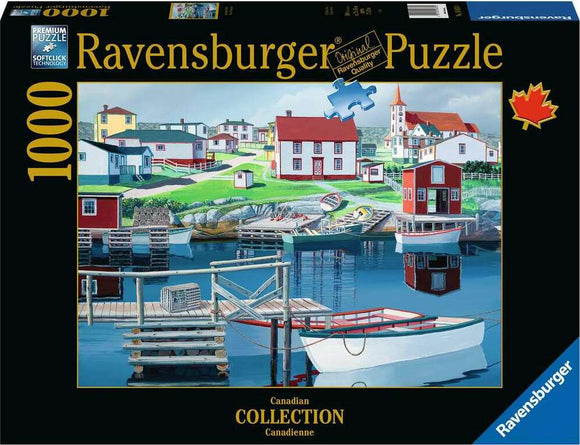 The Ravensburger 1000-piece jigsaw puzzle features a serene harbor scene, showcasing charming houses, boats, and calm waters, inviting puzzle enthusiasts to immerse in colorful details.