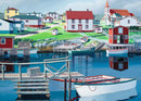 A picturesque scene depicting a harbor with colorful houses and boats. The jigsaw puzzle features red and white buildings lining the waterfront, surrounded by calm blue waters reflecting the structures. Various boats are docked, along with docks made of wooden planks, adding to the serene coastal atmosphere.