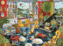 A vibrant jigsaw puzzle scene featuring a cozy music room filled with various musical instruments, including a grand piano, violins, and a harp. The room is decorated with plants, colorful furniture, and has large windows showcasing a picturesque view outside with hot air balloons. Cats and a dog add a homely touch to the atmosphere.