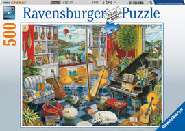 A vibrant and detailed 500 piece jigsaw puzzle by Ravensburger titled 'The Music Room'. The image features a cozy room filled with various musical instruments, including a piano, harp, and violins. Two cats are comfortably lounging amidst the instruments, while a picturesque view of a lake and mountains is visible through the window. The room is decorated with plants, books, and colorful accents, creating a warm and inviting atmosphere.