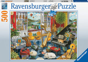 A vibrant and detailed 500 piece jigsaw puzzle by Ravensburger titled 'The Music Room'. The image features a cozy room filled with various musical instruments, including a piano, harp, and violins. Two cats are comfortably lounging amidst the instruments, while a picturesque view of a lake and mountains is visible through the window. The room is decorated with plants, books, and colorful accents, creating a warm and inviting atmosphere.