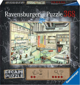 The Laboratory Escape jigsaw puzzle by Ravensburger features an intricate illustration of a laboratory setting filled with scientific equipment, glassware, and colorful elements. The box shows a vibrant depiction of a workspace with shelves stocked with various bottles and a periodic table on the wall. It's designed for escape room enthusiasts, promising a fun and challenging experience for puzzlers.