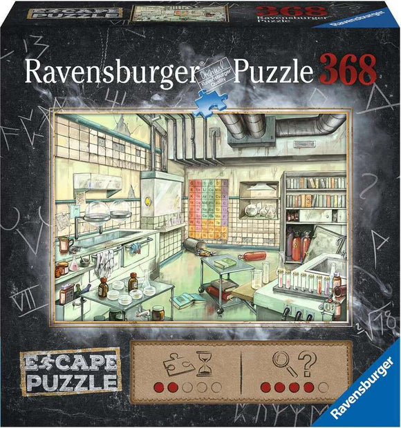 The Laboratory Escape jigsaw puzzle by Ravensburger features an intricate illustration of a laboratory setting filled with scientific equipment, glassware, and colorful elements. The box shows a vibrant depiction of a workspace with shelves stocked with various bottles and a periodic table on the wall. It's designed for escape room enthusiasts, promising a fun and challenging experience for puzzlers.