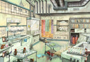 A detailed illustration of a laboratory setting, featuring various lab equipment such as glass beakers, colorful chemical solutions, an array of books, and a periodic table on the wall, creating an intriguing jigsaw puzzle challenge.