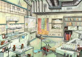 A detailed illustration of a laboratory setting, featuring various lab equipment such as glass beakers, colorful chemical solutions, an array of books, and a periodic table on the wall, creating an intriguing jigsaw puzzle challenge.